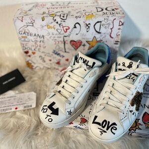 Dolce & Gabbana White Sneakers with Black and Gold Accents